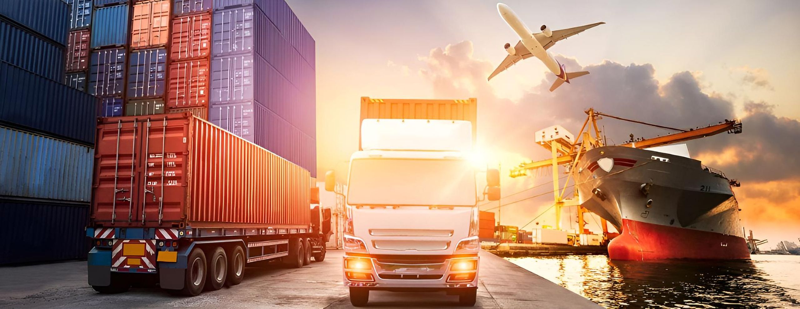 Global logistics with cargo ship, truck, airplane and containers at sunset